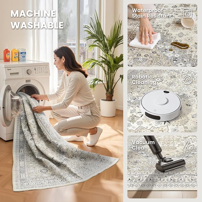10x14 Area Rugs for Living Room,Large Washable Rug,Beige | Rugs for Bedroom,Dining Room,Office,Low Pile,Soft, Vintage Rug,Stain Resistant Indoor Carpet,Non Slip,Home Decor