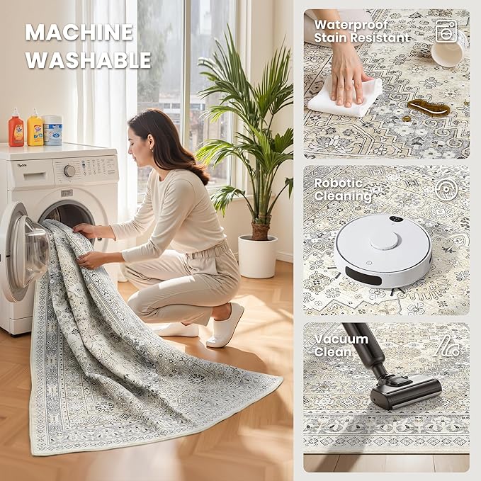 8x10 Area Rugs for Living Room,Large Washable Rug,Beige | Rugs for Bedroom,Dining Room,Office,Low Pile,Soft, Vintage Rug,Stain Resistant Indoor Carpet,Non Slip,Home Decor