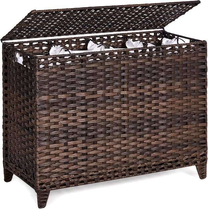 Laundry Hamper with 4 Removable Liner Bags, 176L Laundry Sorter with Lid | Raised Feet; Side Carry Handles; Handwoven PP Rattan; Rust-Resistant Iron Frame; Decorative Woven Design