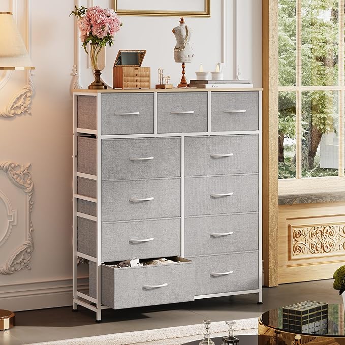 WLIVE Tall Dresser for Bedroom, 11 Drawer Chest of Drawers, Light Grey | 11 fabric storage drawers, Tall high-capacity design, Bedroom or dorm use, Sturdy steel frame, Smooth wood tabletop