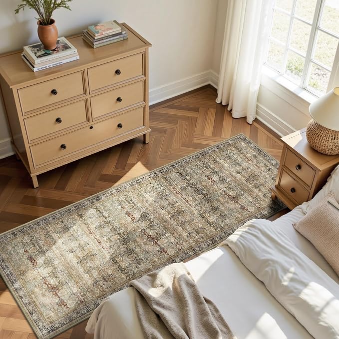2x6 Hallway Runner Rug, Washable Vintage Retro Long Runner Rugs for Kitchen Laundry, Soft Ultra Thin Non Slip Low Pile Traditional Distressed Boho Carpet for Bedroom Bathroom, Charcoal Olive