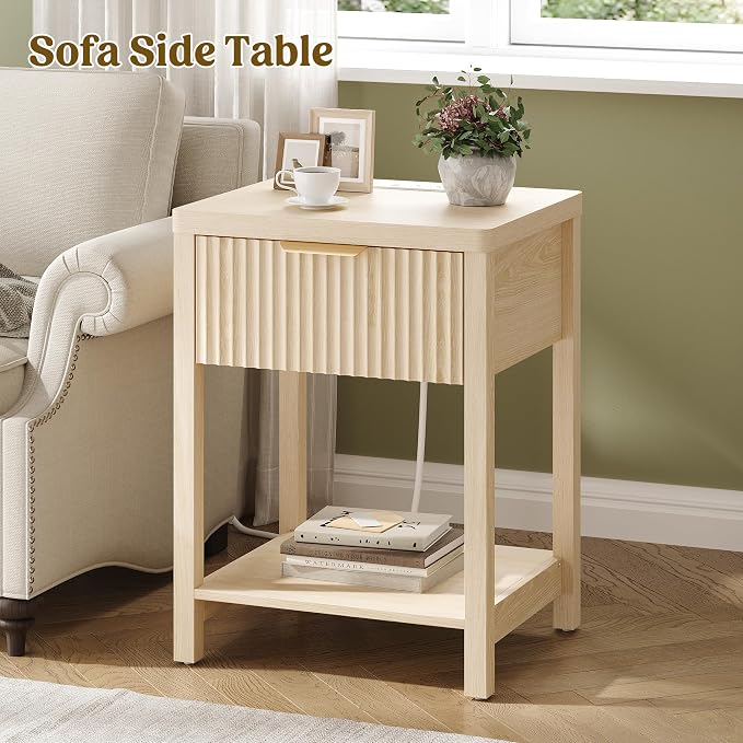 Night Stand Set 1, Fluted Wood Bedside Table w/Socket Station for Bedroom | Natural, Storage Drawer, Open Shelf, Metal Silent Rails, Round Corners, Modern Fluted Panel, Living Room, Bedside Table