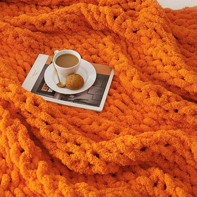 L'AGRATY Chunky Knit Throw Blanket for Couch 72'' x 84'' Knit Throw, Orange | Handmade Chenille Crochet Blanket for Sofa Bed, Thick Cable Knitted Blankets for Room Home Decor, Birthday Gift for Women Mom