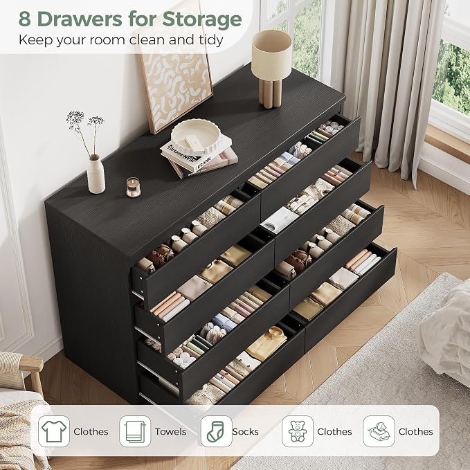 MapleGrace Modern 8 Drawer Dresser, Simply Chest of Drawers for Bedroom, Wooden Storage Dresser with Deep Drawers for Living Room/Hallway/Entryway (Black)
