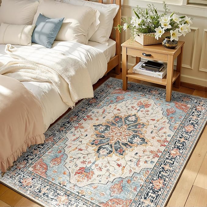 RELEANY Washable Area Rug, 3'x5', Beige/Blue/Orange | Non-Slip, Water Repellent, Pet Friendly, Easy to Clean, Vintage Floral Boho Decor for Living Room Bedroom Beside Kitchen