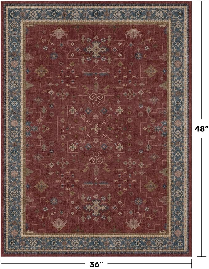 Washable 3x4 Rugs for Entryway - Burgundy Large Kitchen Rug, Non Slip Inside Door Mats for Home Entrance, Unique Bohemian Red Low Pile Thin Carpet for Bedroom Bedside, Foyer