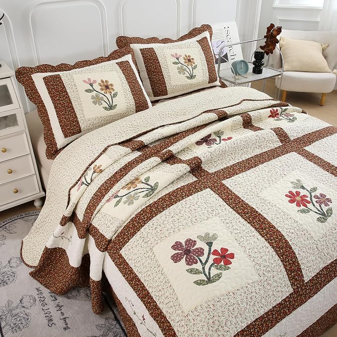 vctops 2 Piece Embroidered Floral Quilted Bedspread Quilt Set 100% Cotton Reversible Patchwork Coverlet Set 1 Quilt and 1 Pillow Sham (Coffee,Twin)