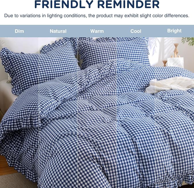 ATsense Navy Blue Gingham Ruffle Duvet Cover Set Cotton Like Linen, King | 100% Washed Cotton Linen-Like Feel Soft, Breathable & Comfy. Farmhouse Bedding Set with Zipper & 8 Ties. 3 Pcs, No Insert