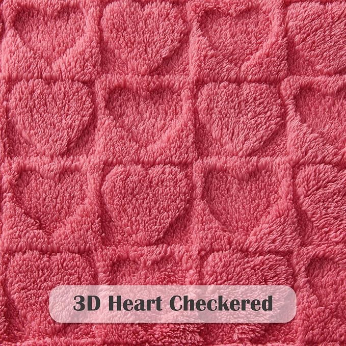NEWCOSPLAY 3D Heart Checkered Flannel Throw Blanket, Coral Pink, 50"x70" | Super Soft Cute Lightweight Decorative Premium Silky Fleece Blanket for Couch Sofa Bed, Gift for Women Men, All Season Use