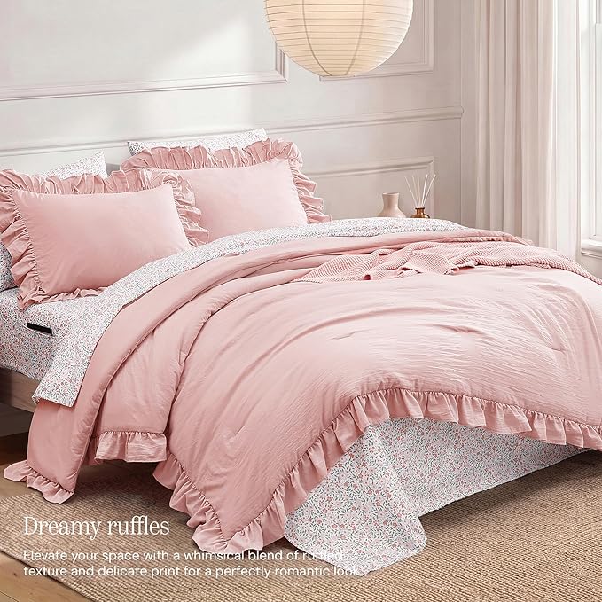 Queen Comforter Set-7 Pieces Ruffle Bedding with Floral Sheet | Soft Pink Bed in a Bag, Soft Lightweight All Season Farmhouse Queen Bedding Sets with Floral Sheets, Pillowcases & Shams
