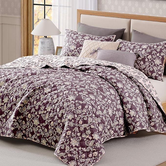 Twin/Twin XL Quilt Set-2 Pieces Soft Bedding Floral Reversible Coverlet | All Seasons Lightweight Quilts Queen Size for Bed, Breathable Vintage Bedspread with Sham, Italian Plum