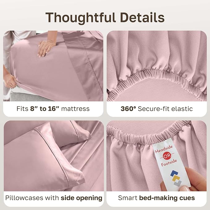 California Design Den 100% Cotton Sateen Queen Sheet Set Deep Pocket, Mauve | 400 Thread Count Backed by Good Housekeeping Seal, 16" Deep Pocket, All-Around Elastic, Durable, Easy Care