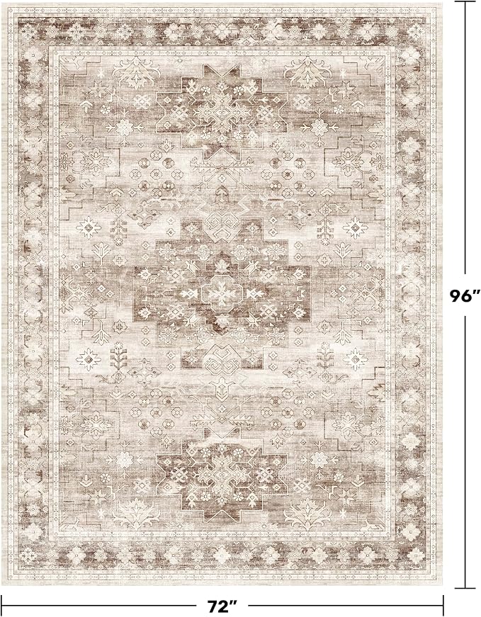 Washable Boho 6x8 Area Rug for Living Room - Vintage Beige Dining Room Rug Under the Table, Low Pile Non-Slip Rugs for Bedroom, Office - Charming Geometric Decor & Stain Resistance (6x8 Beige/Latte)