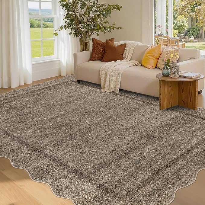 GarveeHome Scalloped Living Room Rug 5x7 Washable Non Slip, Taupe | Modern Area Rug for Bedroom Traditional Kids Rug Throw Rugs Soft Low Pile Stain Resistant Carpet for Dining Room 5 ft x7 ft