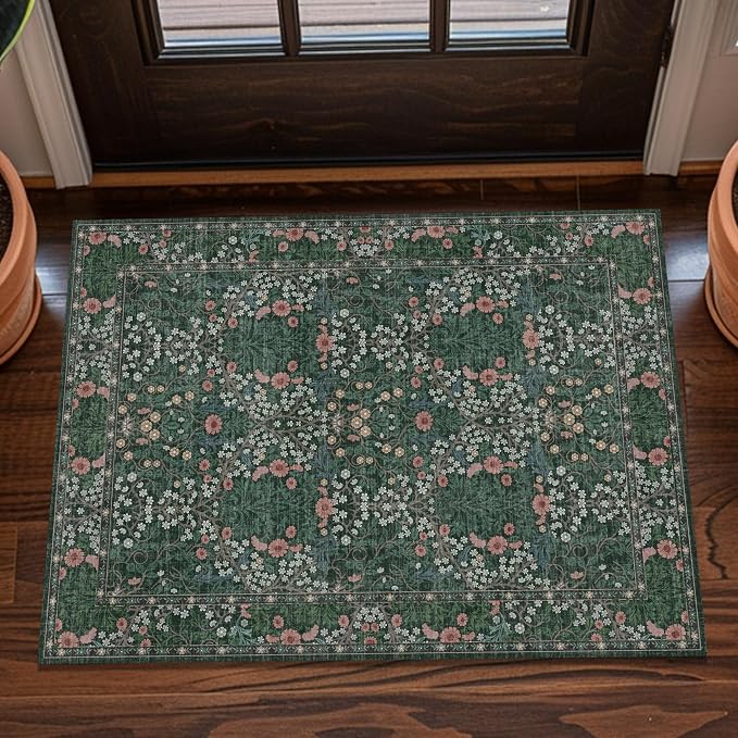 Washable 2x3 Entry Rug, Front Door Rugs Indoor, Vintage Floral Area Rugs for Kitchen, Non-Slip Bathroom Small Rugs, Perfect for Entryway Decor Door Mat (2x3 Green)