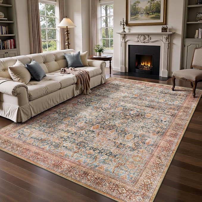 5x7 Area Rugs - Washable Vintage Retro Living Room Rug, Soft Ultra Thin Non Slip Low Pile Traditional Distressed Boho Carpet for Bedroom Dining Room Nursery Home Office, Rust Clay