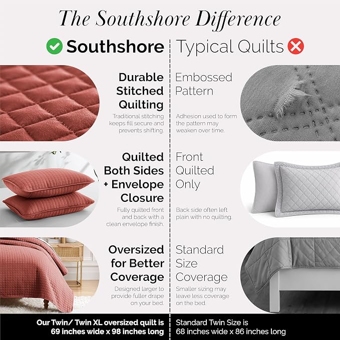 Southshore Fine Living, Inc. Twin XL Quilt Set with Pillow Sham, Quilted Twin Bedspread, Coverlet, Oversized Bed Quilt for Full Coverage, Soft and Comfy, Easy Care, Machine Washable, Marsala