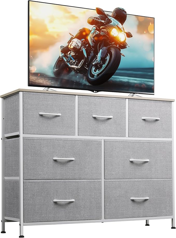 WLIVE Dresser for Bedroom, 7 Drawers, TV Stand, Light Grey | 7 roomy fabric drawers, Fits TVs up to 45 inch, Bedroom or living room, Wide storage design, Chest of drawers