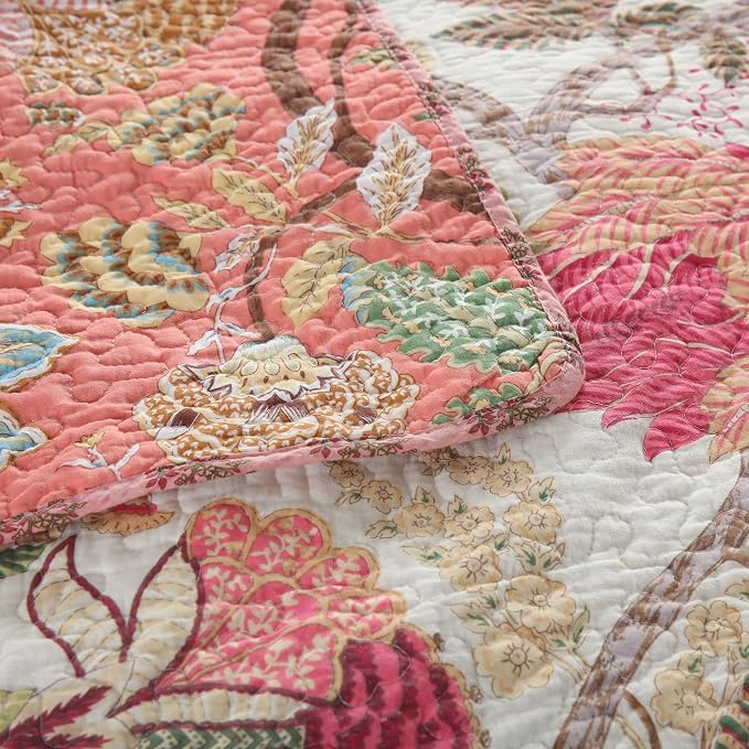 Cotton Patchwork Bedspread, 3-Piece Bedding Quilt Set with Real Stitched Embroidery, Reversible Matelasse Bed Coverlet Set,Bohemian Floral, King Size