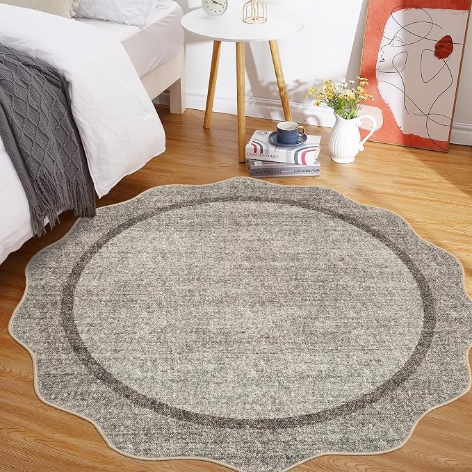 GarveeHome Scalloped Washable Non-Slip Soft Round Rug 4 ft, Brown | Small Ultra-Thin Boho Circle Stain Resistant Low Pile Carpet for Entryway Kitchen Bedroom Nursery Bathroom