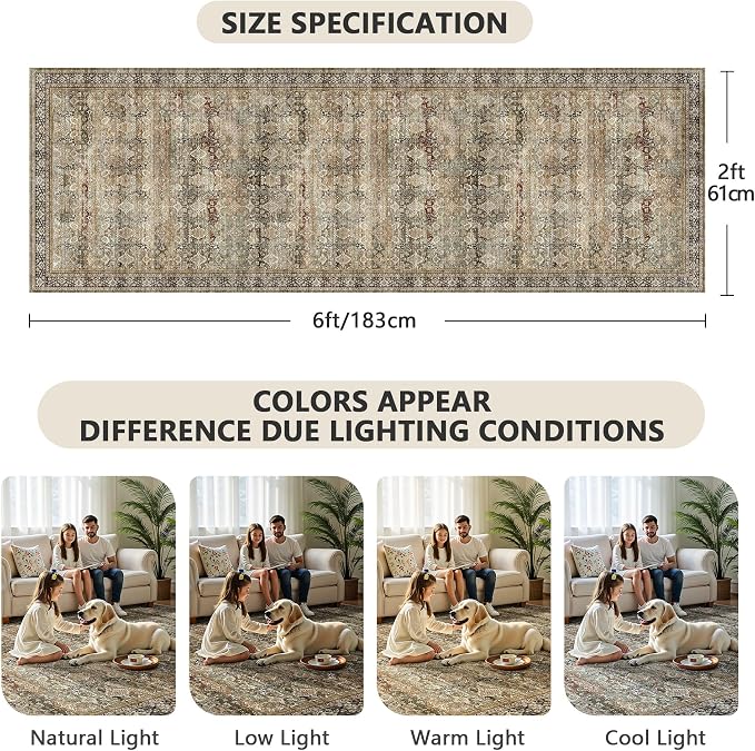 2x6 Hallway Runner Rug, Washable Vintage Retro Long Runner Rugs for Kitchen Laundry, Soft Ultra Thin Non Slip Low Pile Traditional Distressed Boho Carpet for Bedroom Bathroom, Charcoal Olive