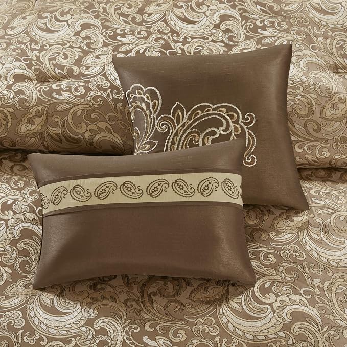 Madison Park Essentials Brystol 24 Piece Room in a Bag Faux Silk Comforter Jacquard Paisley Design Matching Curtains Down Alternative Hypoallergenic All Season Bedding-Set, Queen(90"x90"), Brown | Matching Curtains Room in a Bag, Down Alternative Beddi...