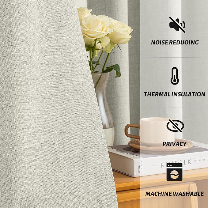 Yakamok Cream Linen Textured Curtains 90 Inches Long for Living Room | 100% Blackout Curtains,Room Darkening Curtains,Thermal Grommet Bedroom Curtain 2 Panels with Greyish White Liner,52W x 90L