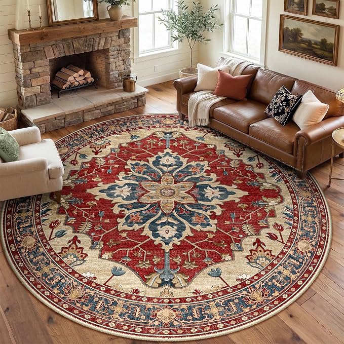 RELEANY Washable Area Rug, Round 8ft, Red/Blue | Non-Slip, Water Repellent, Pet Friendly, Easy to Clean, Vintage Floral Boho Decor for Living Room Bedroom Dining Room