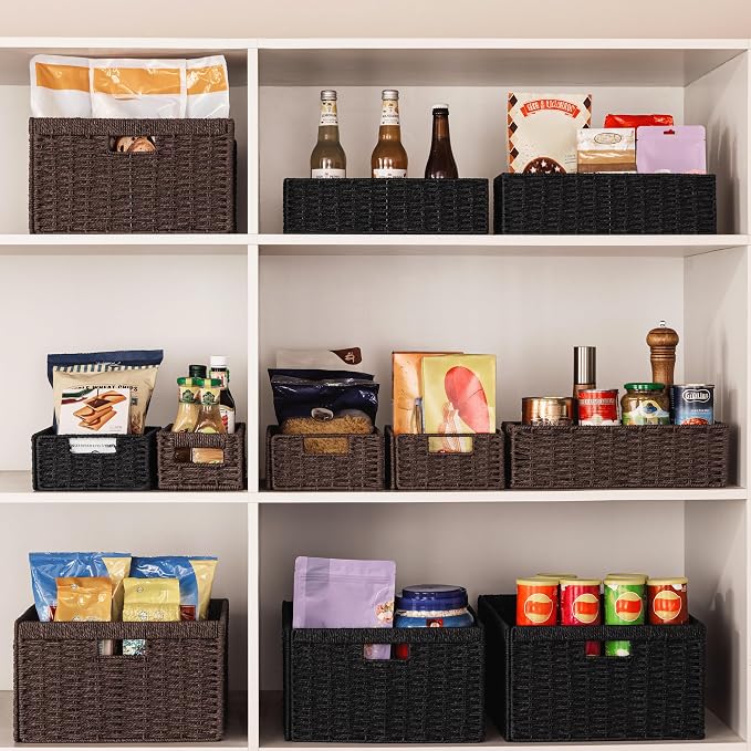 UBBCARE 2 Pack Wicker Basket, 11.5L×7.5H×3.5W inch Woven Paper Rope Storage Baskets for Shelves, Foldable Rectangular Storage Baskets with Handle, Storage Basket for Organizing, Black