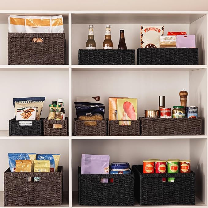 UBBCARE 2 Pack Wicker Basket, 16.5L×13H×7.5W inch Woven Paper Rope Storage Baskets for Shelves, Foldable Rectangular Storage Baskets with Handle, Storage Basket for Organizing, Black