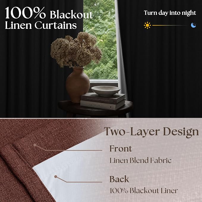 Chestnut Brown 100 Inch Floor Length Linen Blackout Curtains for Bedroom | Pinch Pleated, Black Out Light Blocking, Thermal Insulated, Soundproof, Window Drapes Double Layer, 40x100 Inch 2 Panels