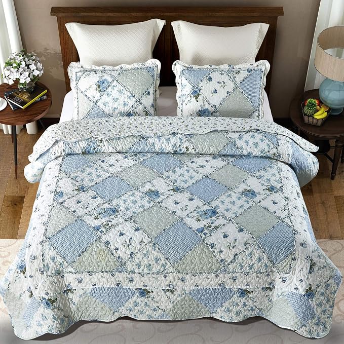VIVILINEN Blue Floral Patchwork Quilt Set King Size Reversible Quilted Bedding Set with 2 Pillowcases | 3-Piece King Size Bedding Set Reversible Coverlet Lightweight Comforter Bed Sheet Set Cover Blanket with 2 Pillowcases
