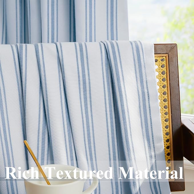 ZJDECOR 90 Inch Blue Striped Full Blackout Curtain Panels for Bedroom | Stripes on White Cotton Blend Light Filtering Fabric with White Liner,Back Tab Rod Pocket Window Treatment,55"Wx90"Lx2