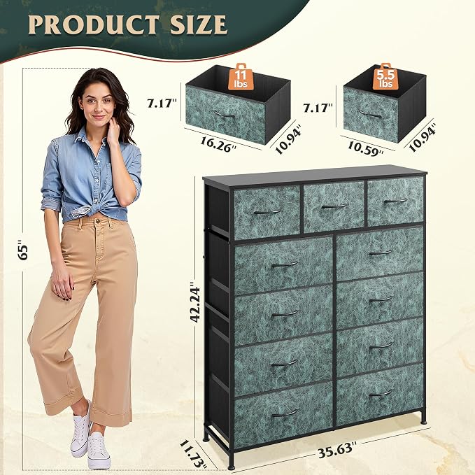 WLIVE Tall Dresser for Bedroom, 11 Drawer Chest of Drawers, Vintage Green | 11 fabric storage drawers, Tall high-capacity design, Bedroom or dorm use, Sturdy steel frame, Smooth wood tabletop