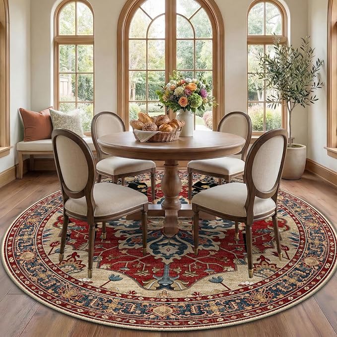 RELEANY Washable Area Rug, Round 7ft, Red/Blue | Non-Slip, Water Repellent, Pet Friendly, Easy to Clean, Vintage Floral Boho Decor for Living Room Bedroom Dining Room