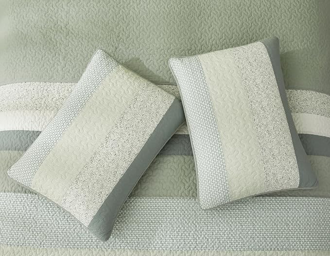 Chezmoi Collection Reed 3-Piece Chic Patchwork Striped Quilt Set - Green Floral Coverlet - Pre-Washed Cotton Lightweight Reversible Bedspread, Super King Size