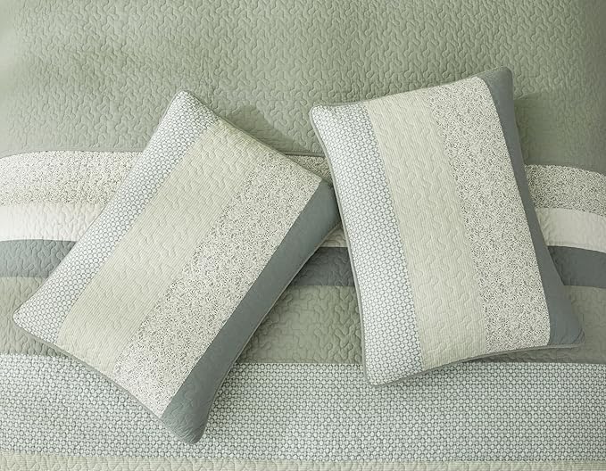 Chezmoi Collection Reed 3-Piece Chic Patchwork Striped Quilt Set - Green Floral Coverlet - Pre-Washed Cotton Lightweight Reversible Bedspread, Oversized King Size