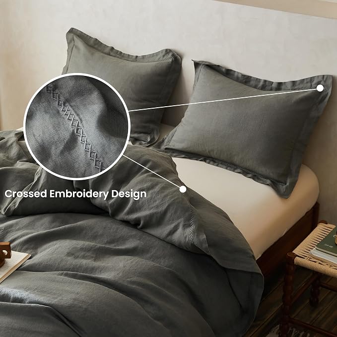 Simple&Opulence 100% Linen Duvet Cover Set with Crossed Embroidery Washed - 3 Pieces (1 Duvet Cover with 2 Pillow Shams) Soft Breathable Farmhouse -Cushing Green, King Size