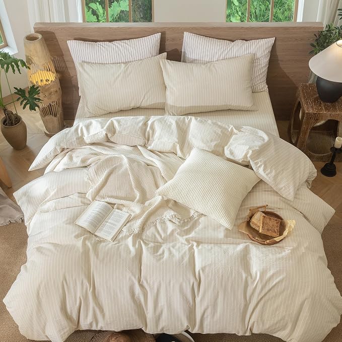 MooMee Striped Duvet Cover Set 100% Washed Cotton Linen Like King | Relaxed Linen-like Texture. Soft, Breathable & Long-lasting Comfort. Lightweight. Hidden Zipper with 8 Interior Corner Ties