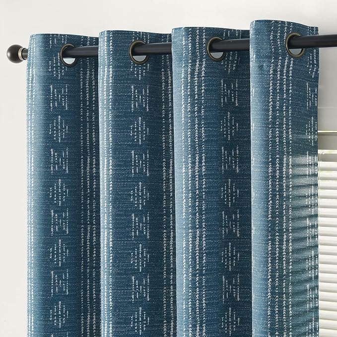 jinchan Boho Blackout Curtains 84 Inches Long for Bedroom Living Room | White on Blue Geometric Grommet Curtains Room Darkening Thermal Insulated Window Treatments 2 Panels