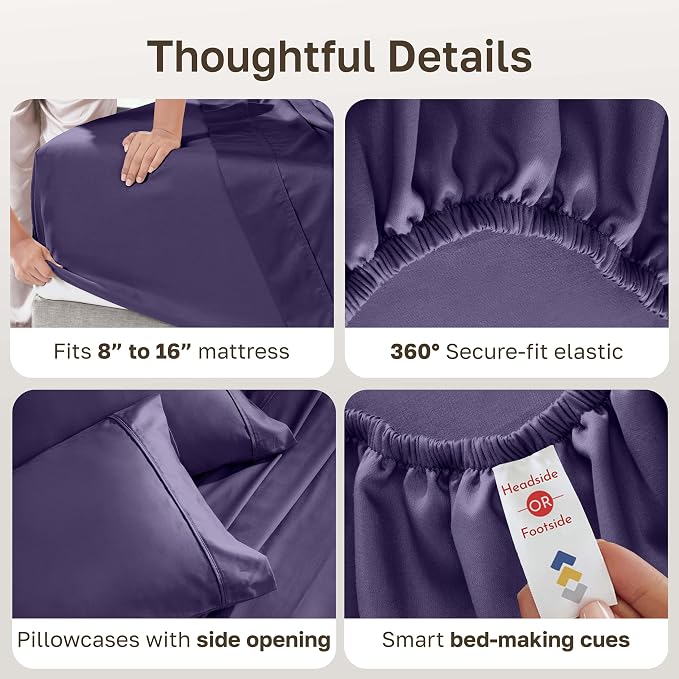California Design Den 100% Cotton Sateen King Size Bed Sheet Set, Purple | 400 Thread Count Backed by Good Housekeeping Seal, 16" Deep Pocket, All-Around Elastic, Durable, Easy Care