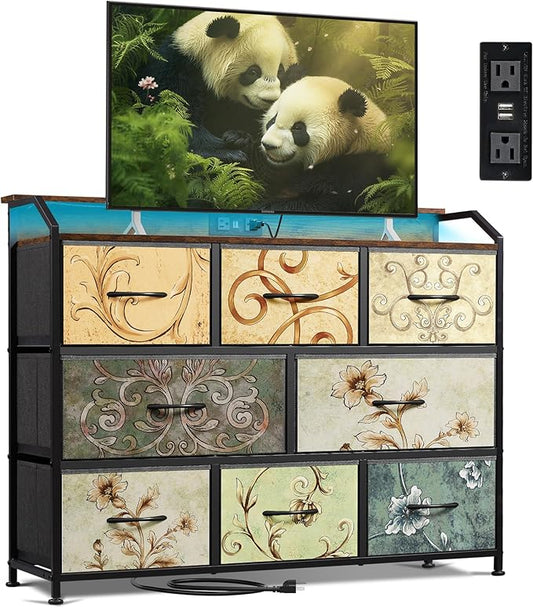WLIVE Dresser for Bedroom, 8 Drawer LED Dresser with Outlet, Floral | 8 roomy fabric drawers, LED ambient lighting, Built-in power outlet, Bedroom or living room, Chest of drawers