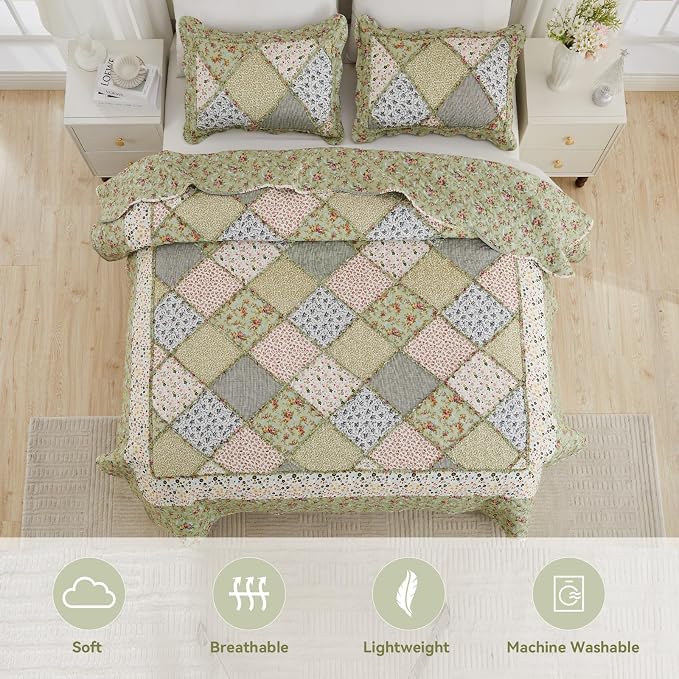 Oversized King Size Quilt Set 128x120 Green Floral Patchwork Bedspread Set | 3-Piece Extra Wide Super King Size Bedding Set Rversible Quilted Coverlet Lightweight Comforter Bed Cover with 2 Pillowcases