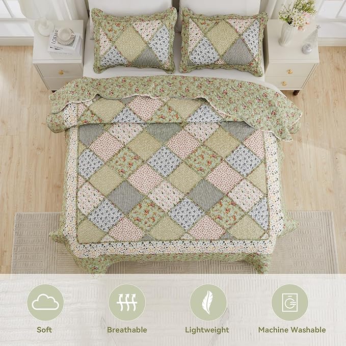 Oversized King Quilt Set Green Floral Patchwork Alaska King Bedspreads Set | 3-Piece Alaskan King Size Bedding Set 132x120 Rversible Quilted Coverlet Lightweight Comforter Bed Cover with 2 Pillowcase