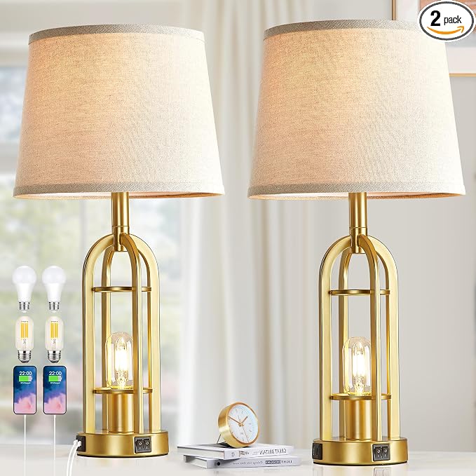 SRJJA Gold Table Lamps for Living Room Set of 2 - Modern Farmhouse Bedside Lamps for Bedroom Night Stands with Nightlight and USB A+C, Industrial Lamp for Living Room End Tables