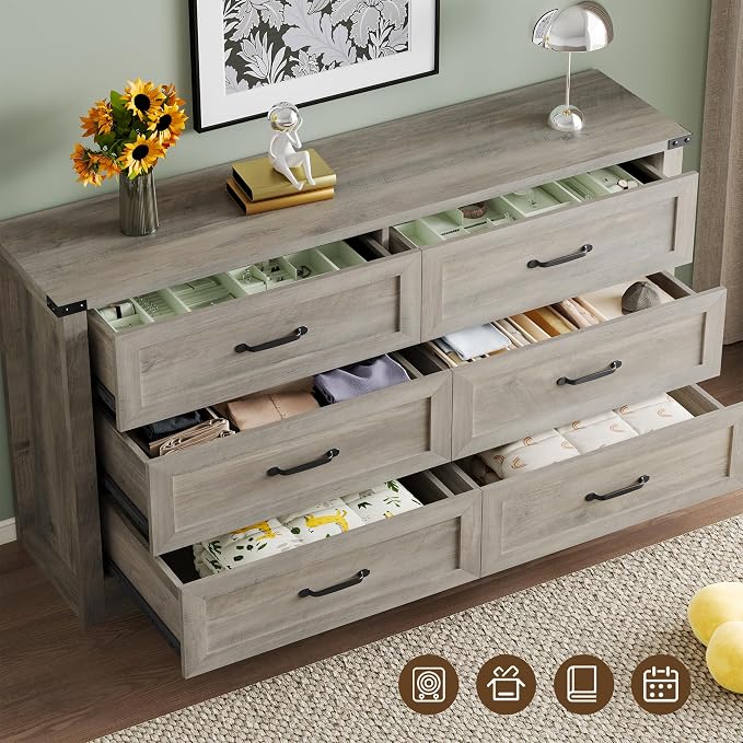 BORNOON 6-Drawer Dresser for Bedroom, Modern Wooden Chest of Drawers with Metal Handles, Anti-Tipping Design, Sturdy and Stable Storage Organizer for Living Room, Entryway, Home Office