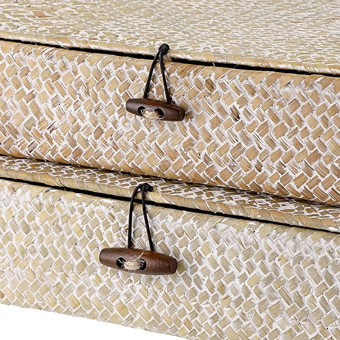 Hipiwe Set of 2 Flat Woven Wicker Basket Bins with Lid Natural Seagrass Box | Decorative Storage Basket Multipurpose Home Organizer Bins Boxes for Shelf Organizer (Whitewash)
