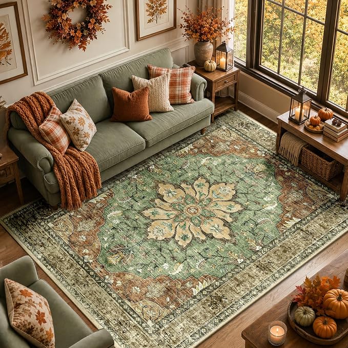 RELEANY Washable Area Rug, 8'x10', Brick/Brown/Green | Non-Slip, Water Repellent, Pet Friendly, Easy to Clean, Vintage Floral Boho Decor for Living Room Bedroom Dining Room