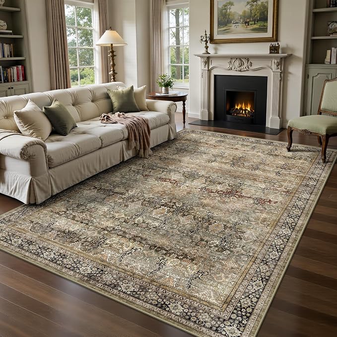 5x7 Area Rugs - Washable Vintage Retro Living Room Rug, Soft Ultra Thin Non Slip Low Pile Traditional Distressed Boho Carpet for Bedroom Dining Room Nursery Home Office, Charcoal Olive