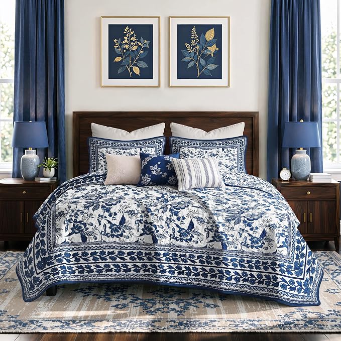FLYMME Blue and White Vintage Floral Quilt Set Twin Size, 2-Piece Classic Reversible Bedspread Coverlet with 1 Pillow Sham, Lightweight Botanical Bedding Set for All Season